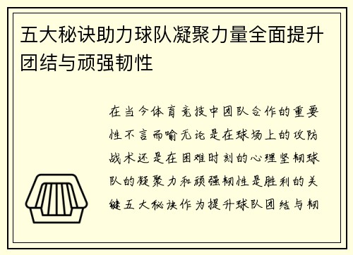 五大秘诀助力球队凝聚力量全面提升团结与顽强韧性